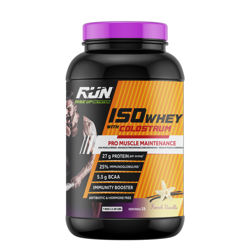ISO WHEY With Colostrum, Lactose Free, Soy Free, Pro Muscle Maintenance, 27G Protein, 5.5G BCAA, Immunity Booster, 1KG - French Vanilla