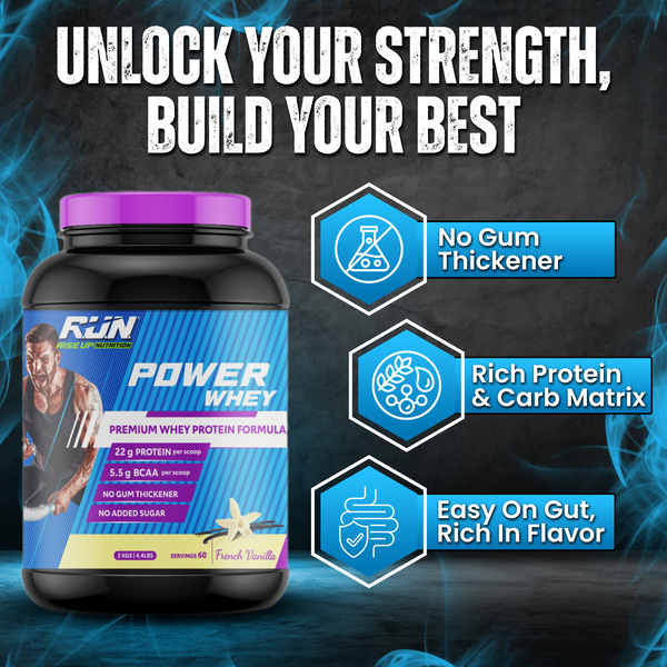 Power Whey Protein 2kg, Premium Whey Powder, 22g Protein, 5.5g BCAA, Non-GMO, Gluten free, Soy free, 4.40 Lbs - Vanilla - Rise Up Nutrition