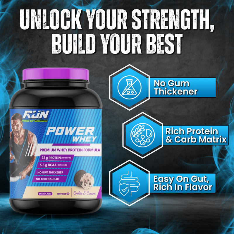 Power Whey Protein 2kg, Premium Whey Powder, 22g Protein, 5.5g BCAA, Non-GMO, Gluten free, Soy free, 4.40 Lbs - Cookie n Cream - Rise Up Nutrition