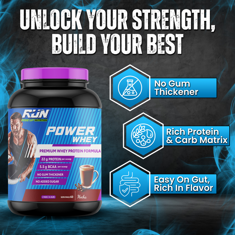 Power Whey Protein 2kg, Premium Whey Powder, 22g Protein, 5.5g BCAA, Non-GMO, Gluten free, Soy free, 4.40 Lbs - Mocha - Rise Up Nutrition