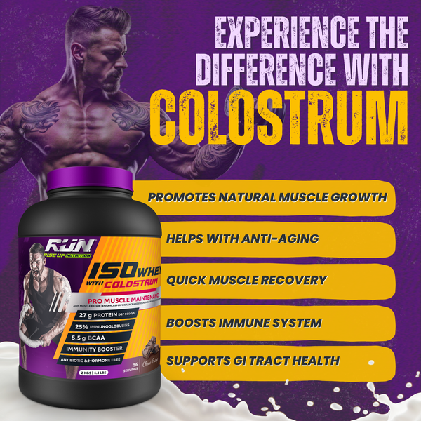 ISO WHEY With Colostrum, Lactose Free, Soy Free, Pro Muscle Maintenance, 27G Protein, 5.5G BCAA, Immunity Booster, 2KG - Choco Fudge - Rise Up Nutrition