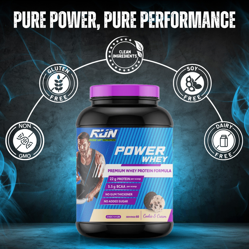 Power Whey Protein 2kg, Premium Whey Powder, 22g Protein, 5.5g BCAA, Non-GMO, Gluten free, Soy free, 4.40 Lbs - Cookie n Cream - Rise Up Nutrition