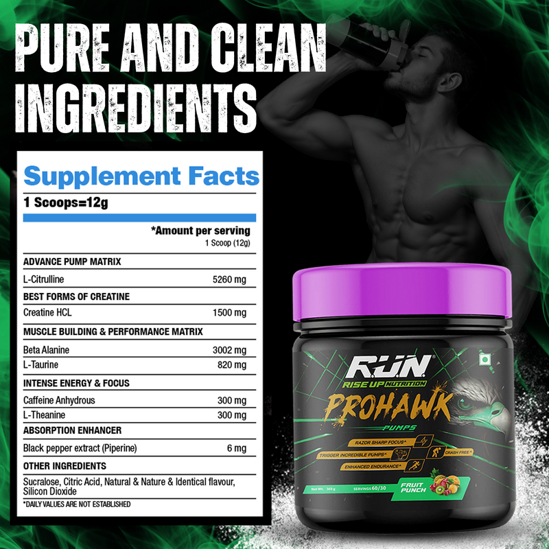 Prohawk Pumps, Advance Pre-workout, Crash Free, Pure Energy, Sharp Focus & More Pumps, 30 Servingss - Fruit Punch