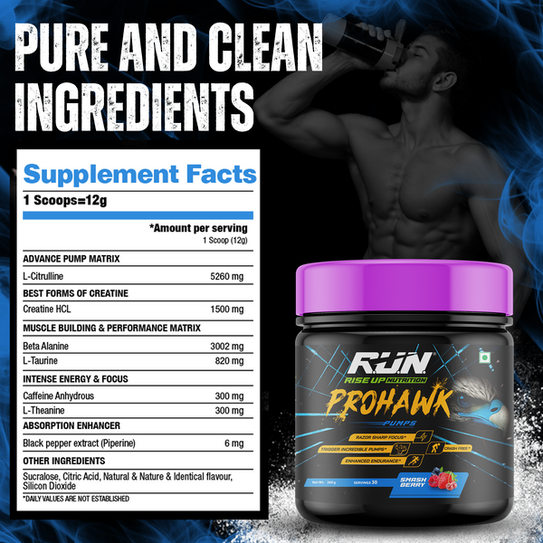 Prohawk Pumps, Advance Pre-workout, Crash Free, Pure Energy, Sharp Focus & More Pumps, 30 Servingss - Smash Berry