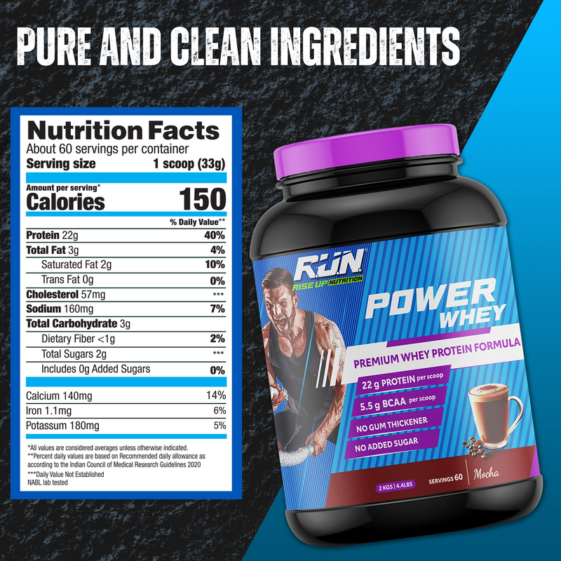 Power Whey Protein 2kg, Premium Whey Powder, 22g Protein, 5.5g BCAA, Non-GMO, Gluten free, Soy free, 4.40 Lbs - Mocha - Rise Up Nutrition