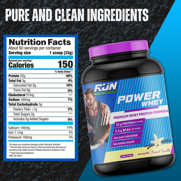 Power Whey Protein 2kg, Premium Whey Powder, 22g Protein, 5.5g BCAA, Non-GMO, Gluten free, Soy free, 4.40 Lbs - Vanilla - Rise Up Nutrition