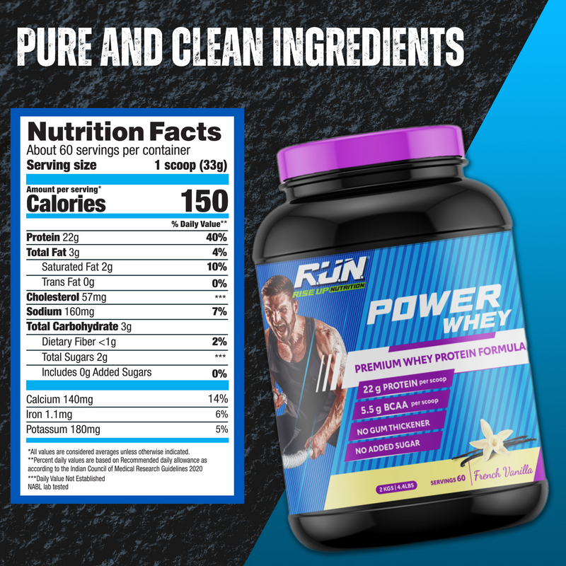 Power Whey Protein 2kg, Premium Whey Powder, 22g Protein, 5.5g BCAA, Non-GMO, Gluten free, Soy free, 4.40 Lbs - Vanilla - Rise Up Nutrition