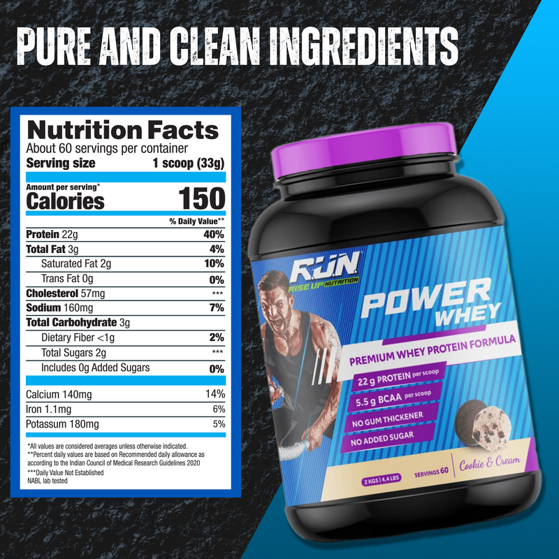 Power Whey Protein 2kg, Premium Whey Powder, 22g Protein, 5.5g BCAA, Non-GMO, Gluten free, Soy free, 4.40 Lbs - Cookie n Cream - Rise Up Nutrition