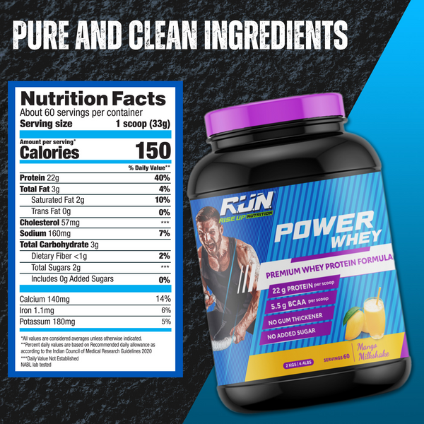 Power Whey Protein 2kg, Premium Whey Powder, 22g Protein, 5.5g BCAA, Non-GMO, Gluten free, Soy free, 4.40 Lbs - Mango - Rise Up Nutrition