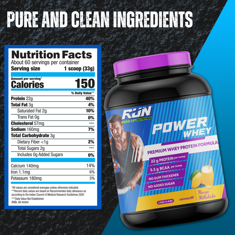 Power Whey Protein 2kg, Premium Whey Powder, 22g Protein, 5.5g BCAA, Non-GMO, Gluten free, Soy free, 4.40 Lbs - Mango - Rise Up Nutrition